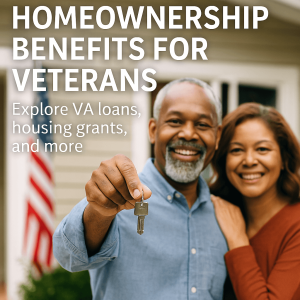 Smiling veteran couple holding house keys in front of their new home with an American flag, symbolizing homeownership benefits for Veterans.