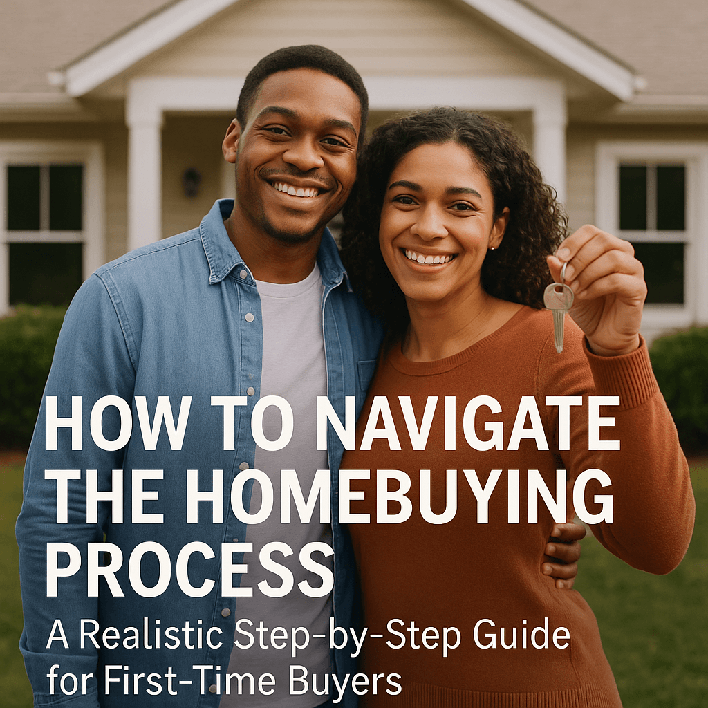 Smiling couple holding house keys in front of their new home, symbolizing first-time homeownership.