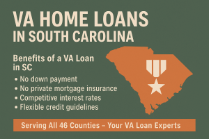 Infographic showing benefits of VA home loans in South Carolina including no down payment, no PMI, and competitive interest rates