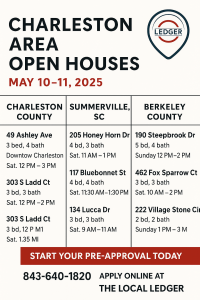 Infographic showing open house listings for May 10–11, 2025 in Charleston County, Summerville, and Berkeley County, SC, with The Local Ledger logo and contact info