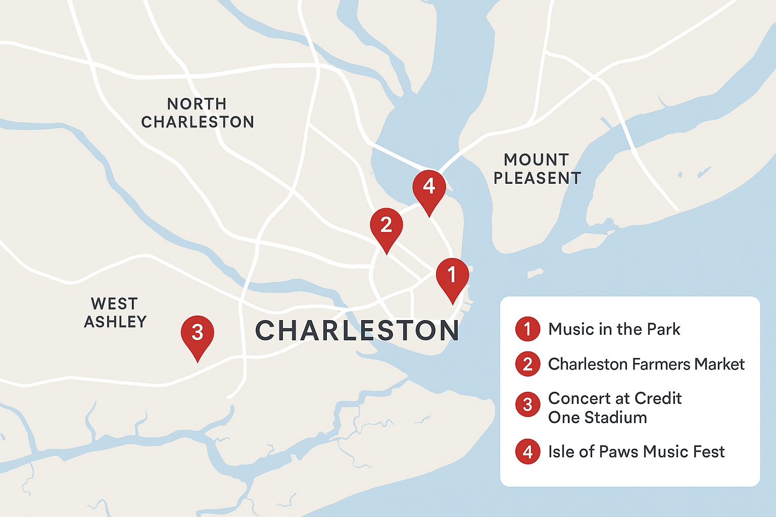 Map showing event locations in Charleston SC for May 2025 including Spoleto, farmers markets, and festivals