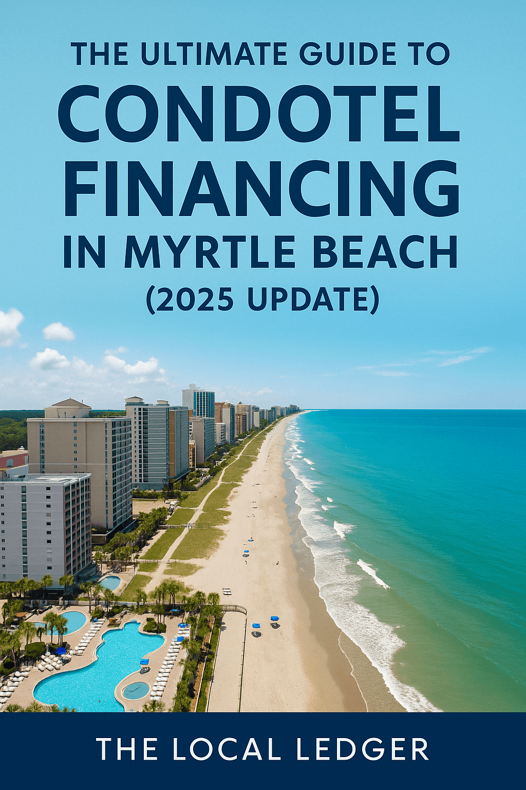 Aerial view of Myrtle Beach condotels with oceanfront pools and high-rise resorts, used as cover for 2025 condotel financing guide by The Local Ledger.