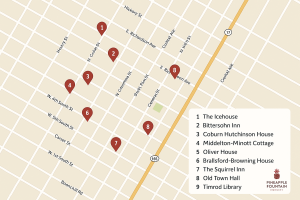 Map of historic buildings in downtown Summerville, SC showing locations like The Icehouse, Timrod Library, and Old Town Hall.